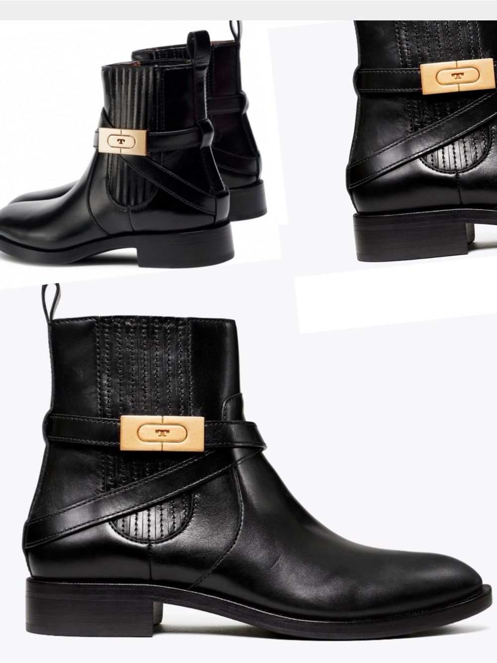 Tory Burch T- Hardware Black Leather Ankle Boots with Gold Accent
